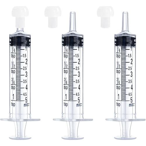 5mL Syringe for Liquid, Food, Oral, Scientific Labs, Measurement, Dispensing, Press-In Adapter, Craft, Big Tip with Cap- 3 Pack 5ml Syringes with tsp & mL Measurement