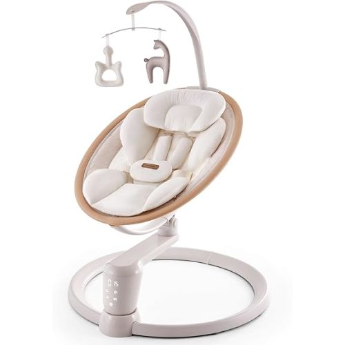 HARPPA Electric Baby Swing for Infants, Baby Swing with Toy Bar and Sounds, Remote Control, 5 Speeds, 2 Seat Positions & 180° Rotation for Indoor Use, Warm Sand