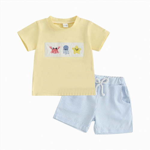 Toddler Baby Boy Clothes Summer Outfits Embroidery Trucks Smocked Shirt T-Shirt + Gingham Shorts 1T 2T 3T