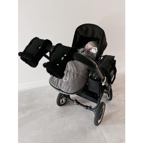 Sheepskin Stroller Black Hand Warmers – Universal Fit for Prams & Buggies | Windproof and Waterproof with Soft Wool Lining