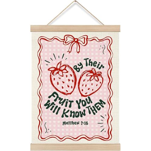 KRHFG Pink Coquette Bow Strawberry Christian Wall Art Poster Framed, Coquette Preppy Room Decor, Matthew 7:16 Bible Verses Hanging Canvas Prints Wall Decor for Girls Room Dorm Apartment, 12x16 Inch