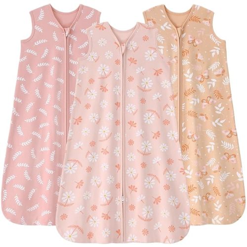 Baby Sleep Sack 0-6 Months, 100% Cotton Sleeping Sack for Newborn and Infant, 3 Pack Baby Wearable Blanket for Boy and Girl, 0.5 Tog Lightweight Double Zipper Sleep Bag Pink Orange Flower