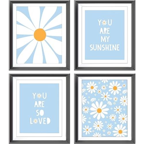 AEHIE Boho Blue Daisy Flower Decor Print, You Are My Sunshine Poster for Baby Girls Room Nursery, Bohemian Wall Art, Spring Aesthetic Floral Wall Art, 4pcs