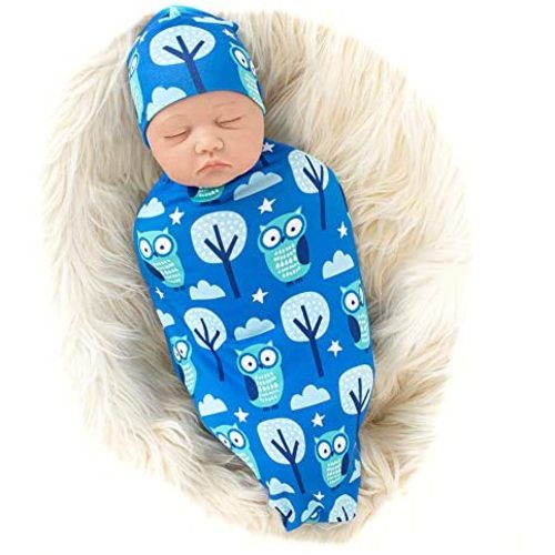 Galabloomer Newborn Swaddle Blanket with Beanie Set Baby Boy Receiving Blanket (Blue owl)