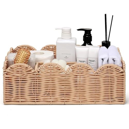 Wicker Diaper Caddy Organizer, Nursery Storage Basket for Diapers and Baby Wipes, Baby Essentials Organizer for Changing Table, Splinter Free Rattan Style (Natural, L)