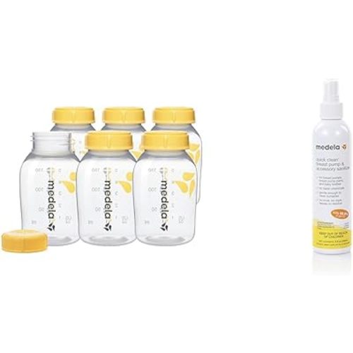 Medela Breast Milk Storage Bottles 6 Pack 5 Ounce with Quick Clean Breast Pump Sanitizer Spray 8 Fluid Ounces