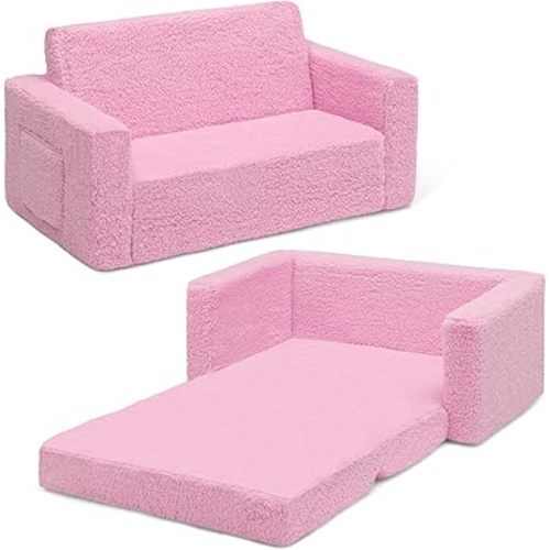 Delta Children Cozee Flip-Out Sherpa 2-in-1 Convertible Sofa to Lounger for Kids, Pink