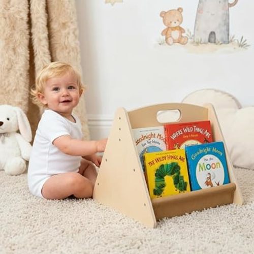 AZSKY Double Sided Toddler Book Shelf, Small Wooden Book Storage for Kids, Brown Mini Children Book Holder for Baby, Display Library Bookshelf for Girls Boys, Montessori Portable Bookcase for Nursery