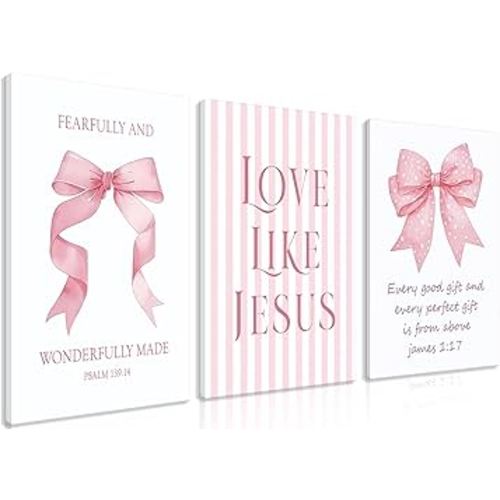 Dytila 3 Piece Pink Bows Wall Art for Girls Room, Bible Verse Pictures Bathroom Decor, Coquette Wall Artwork, Cute Teen Room Decoration, Dorm Decor for College, College Gifts for Girls 12x16 Inch