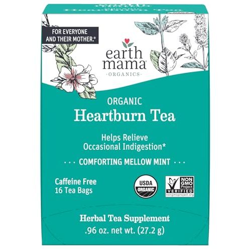 Earth Mama Organic Heartburn Tea | Pregnancy-Safe Soothing Herbal Blend with Marshmallow Root, Lemon Balm & Chamomile, 16 Teabags Per Box