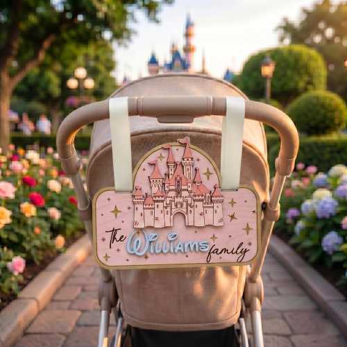 Personalized Disney Castle Wooden Stroller Sign, Disney Custom Name Stroller Tag For Baby Girls