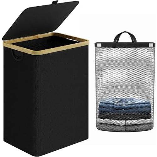 IEGrow Laundry Hamper with Lid,85L Laundry Basket with Mesh Bags,Black