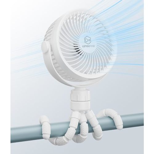 LEMOISTAR Portable Stroller Fan, 5000mAh Battery Rechargeable Flexible Max 28H, 4 Speed, Handheld Desk Fan with Flexible Tripod for Travel Car Seat Bedroom Crib (White)