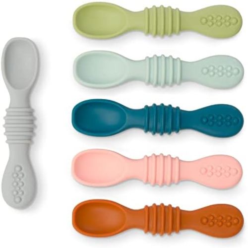 Silicone Baby Spoons Self Feeding (6 Pack)- First Stage Infant Spoons for Babies & Toddlers- Baby Led Weaning Shallow Spoons- Easy on Gums- 6 Months+ -Dishwasher Microwave Safe
