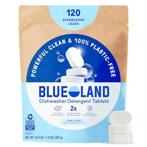 BLUELAND 100% Plastic-Free Dishwasher Detergent Tablets 120ct, Free & Clear | Eco-Friendly Dishwashing Pods, Cuts Grease & Stuck on Food, Rinses Clean for Streak-Free Shine, Fully Dissolves, Septic Safe