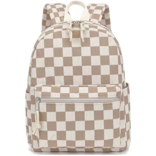 Corduroy Mini Backpack Purse Fashion Small Backpack Casual Daypack for Women Girls School Travel (Checkered Brown)