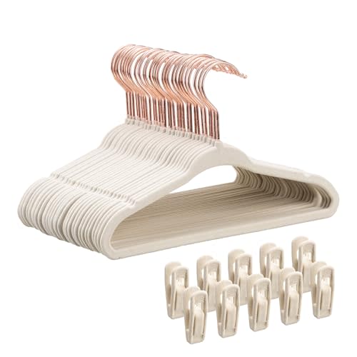 Tonswachic Baby Velvet Hangers 30 Pack - 11 Inch Premium Felt Non Slip Kids Hanger for Infant & Toddler Clothes - 0.2" Slim Space-Saving Baby Felt Hangers for Children's Closet with 10 Clips - Beige