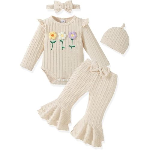 Vibebox Baby Girl Clothes Newborn Preemie Fall Winter Outfits Long Sleeve Ruffle Romper Bell Bottoms Pants Girls Clothing Set