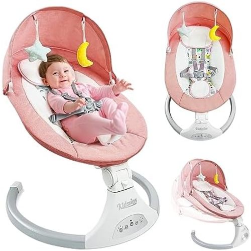 Pink Electric Baby Swing for Infants to Toddlers, 5 Speed Settings, 12 Built-In Songs, Bluetooth & USB Music, Timer Function