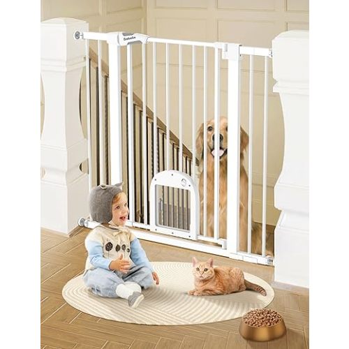 Babelio 36" Tall Upgraded Baby Gate with Cat Door, 29-43" Auto Close Durable Dog Gate for Stairs, Doorways and House, Easy Walk Thru Safety Gate with Pet Door Includes 4 Wall Cups, White