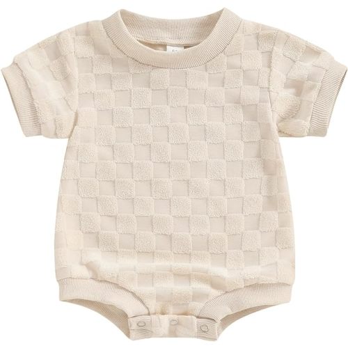 Newborn Baby Boys Girls Bubble Romper Cute Short Sleeve Crew Neck Checkerboard Bodysuit Infant Summer Playsuit