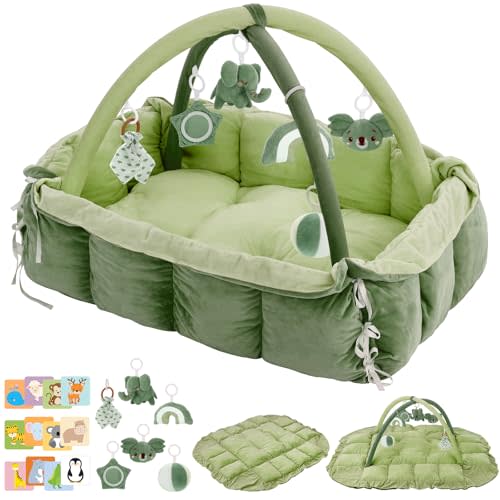 5-in-1 Baby Play Gym and Tummy Time Mat, 12 Learning Cards, Plush Activity Mat with 6 Toys, Convertible to Ball Pit, Baby Gift, Green