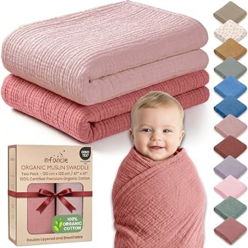 100% Organic Cotton 2 PK Baby Muslin Swaddle Blankets Girl 47x47in