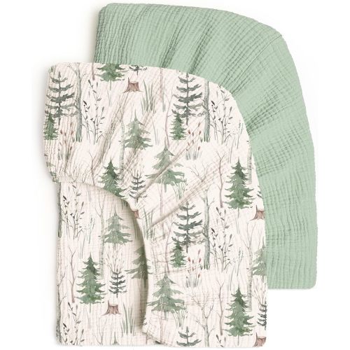 lulumoon Fitted Crib Sheets 2-Pack: Soft Muslin Cotton for Standard Crib - Boho Forest Print for Baby Boys Girls Nursery Bedding & Gift
