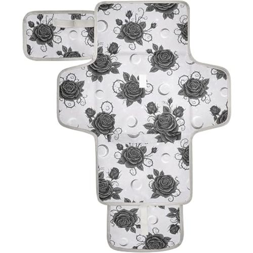 Gothic Floral Roses Gray Portable Changing Pad for Unisex Baby Toddler Water-Resistant Foldable Baby Changing Mat with Pillow & Shoulder Strap Travel Changing Station for Dresser Gift Home Traveling