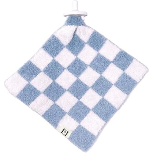 L+L USA Checkered Baby Lovey Pacifier/Teether Holder 10"x10" - DreamSoft Plush Fluffy Cuddly Soothie Reversible Mini Comfort Blanket - Cute Newborn Gift Essential Babies Boys Girls (Steel Blue/White)