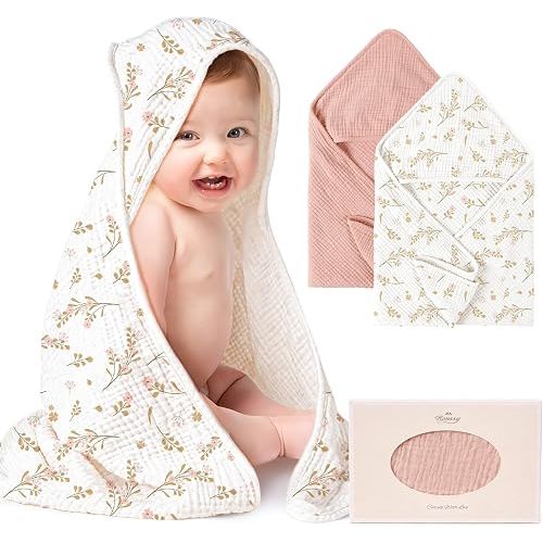 Konssy 2-Pack 100% Muslin Cotton Hooded Baby Bath Towels for Boys and Girls