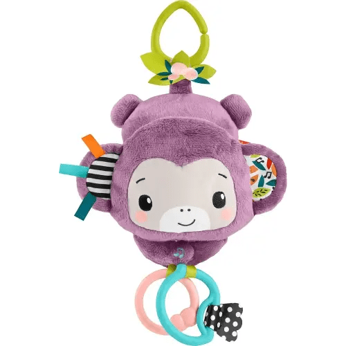 Fisher-Price Baby Stroller Toy Sing & Go Purple Monkey Musical Sensory Plush with Crinkle & Clackers for Newborns from Birth+