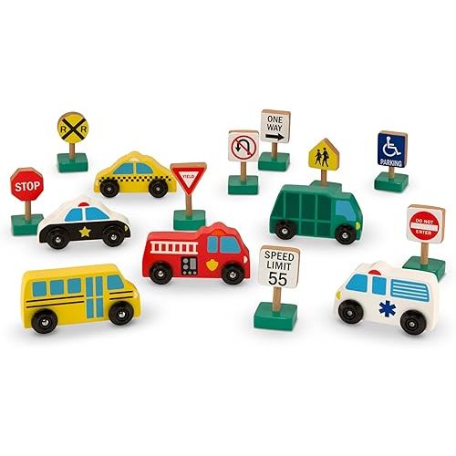 Melissa & Doug Wooden Vehicles and Traffic Signs with 6 Cars and 9 Signs