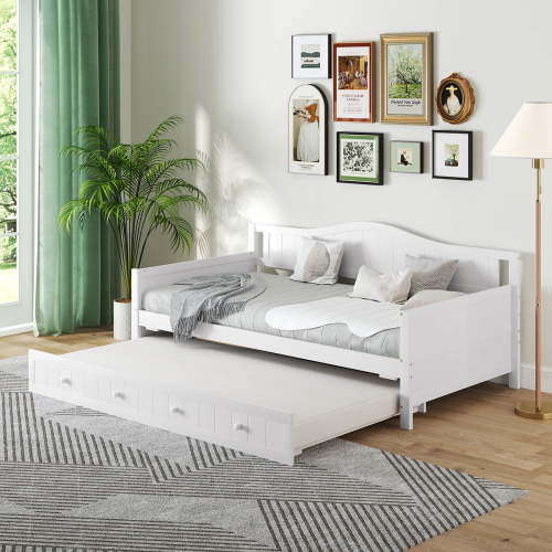 Costway Twin Size Daybed with Trundle Solid Wood Sofa Bed with Slats Support Guest Bed White