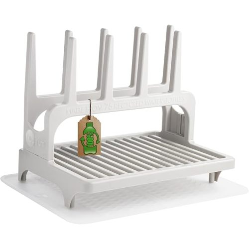 PopYum Seattle Gray Space Saving Drying Rack from 100% Recycled Bottles with Clear Frosted Silicone Drying Mat, countertop for Baby Bottle, Plastic Bags, Cups, Glass, tumblers, Compact