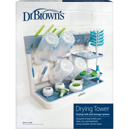 Dr. Brown's Baby Bottle Drying Tower, Stand-Up Countertop Drying Rack with Organized Storage for Baby Essentials, Space Saving Vertical Rack, Blue/White