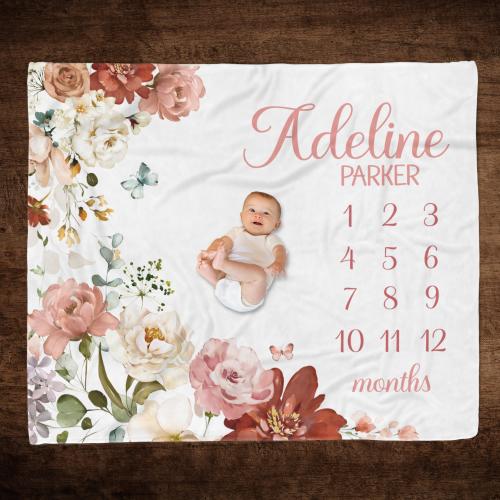 FLORAL BABY GIRL Milestone Blanket, Wild flower Baby Milestone, Newborn Girl Gift, Personalized Baby Month Blanket, Floral Baby Shower Gift