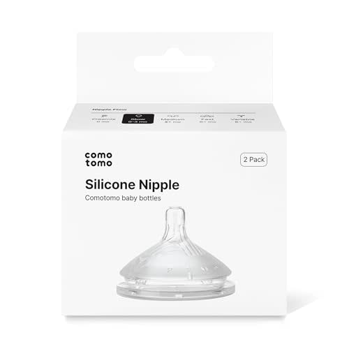 Comotomo Silicone Replacement Nipples for Baby Bottle Gen 2 (2026 Release) - Soft, Silicone Nipples with Dual Anti-Colic Vents Designed for Natural Latch (Pack of 2), Slow Flow (0-3 Months)