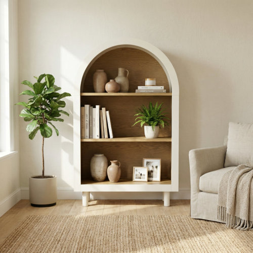 Ebern Designs Arched Top 3-Tier Bookcase, White & Wood Display Shelf With Open Storage, Modern Accent Cabinet For Living Room Bedroom Entryway | Wayfair