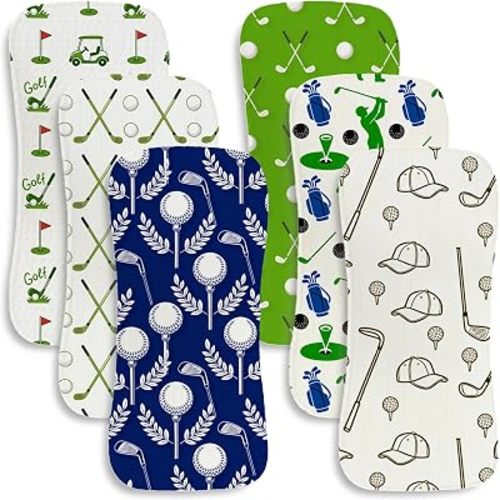 6 Pack Golf Baby Burp Cloths for Boys, Sports Theme Contoured Burping Rags, Cotton Soft Absorbent Spit Up Cloths with Golf Ball Cart Print, Newborn Essentials