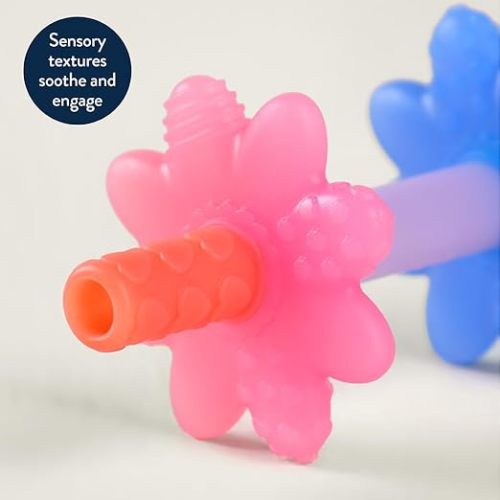 Itzy Ritzy Teensy Tube Teether; Textured Hollow Baby Teething Tube That Reaches Front Teeth & Back Molars, Made of Soft Silicone (Pink Rainbow)