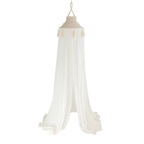 Storied Home White Cotton Macrame Canopy with Tassels: Modern Abstract Vertical Wall Art, Metal Frame, Dry Dust Care