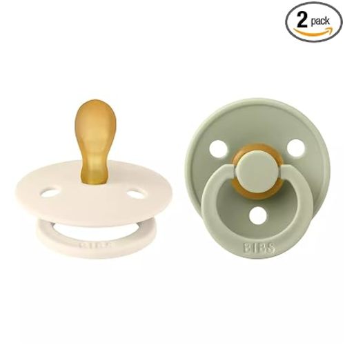BIBS Pacifiers Colour Collection | Natural Rubber Baby Pacifier | Round Nipple | Set of 2 BPA-Free Soothers | Made in Denmark | 0+ Months (Pack of 2) | Sage/Ivory