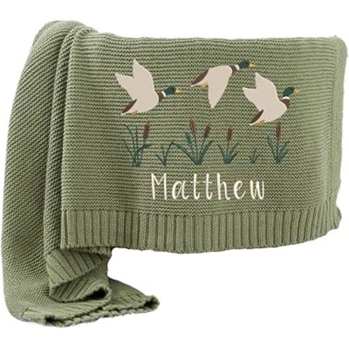 Personalized Baby Knit Blanket, Custom Embroidered Baby Name, Mallard Duck Nursery, Unisex Gifts Idea