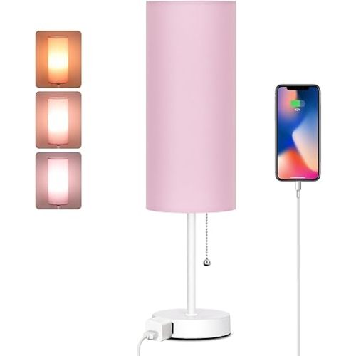 Dott Arts 18" Table Lamp for Bedroom, 3-Color Bedside Lamps with Pull Chain, Bedroom Table Lamps for Nightstand,AC Outlet Small Lamp for Living Room, Bulb Included Pink