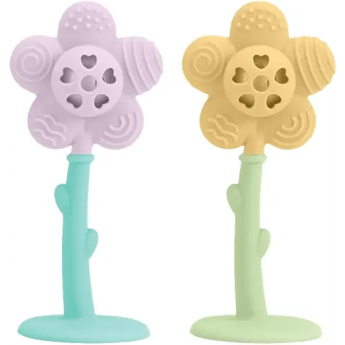 Lulyboo Flower Rattle & Teether Set for Babies - 100% Food Grade Silicone Soft Textures, Gentle Gum Massage, Lightweight Built-in Rattle, Easy-Hold Stem, Age 0+, Durable & Easy-Clean, Soothing Comfort