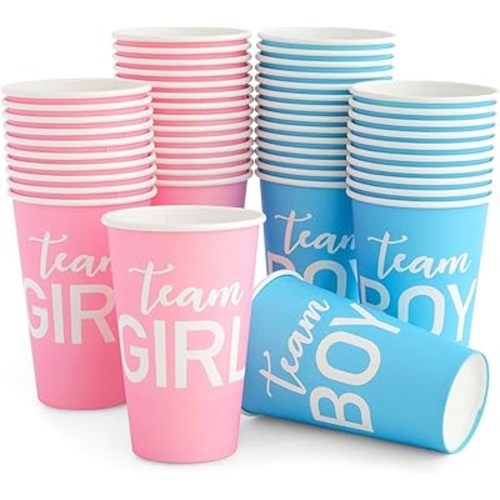 Paper Party Cups, Gender Reveal Party Supplies (12 oz, Pink and Blue, 50-Pack)
