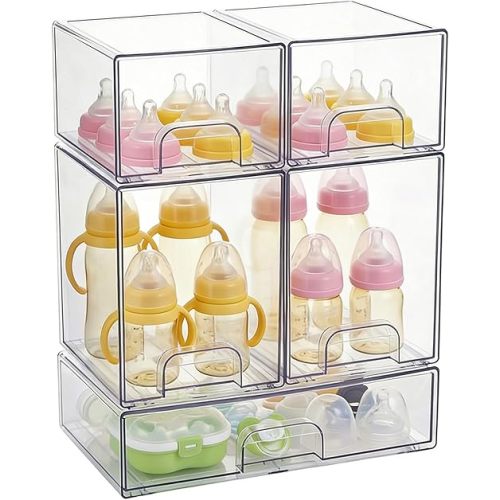 UFORU Baby Bottle Organizer,Stackable Storage Drawers 5 packs,Clear Acrylic Organizer Bins with Non-Slip Pads,Pull-Out Drawers for Makeup,Kitchen Countertop,Bathroom,Vanity,Cabinet,Pantry Organization
