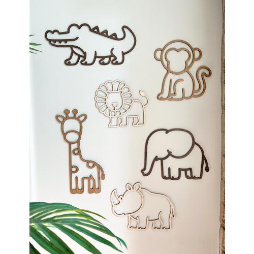 Wooden Safari Animals Set of 6, Elephant, Giraffe, Lion, Alligator, Rhino, Monkey, Animal Decal Set, Nursery Wall Art, Jungle Theme Room