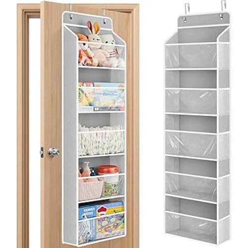 JARLINK Over The Door Toy Storage Organizer w/Clear Window, Light Grey | Anti-Tilt 44 lb Load Capacity, Baby Toy Storage Organizer for Stuffed Animals, Nursery, Kid Bedroom, Newborn Baby Essentials